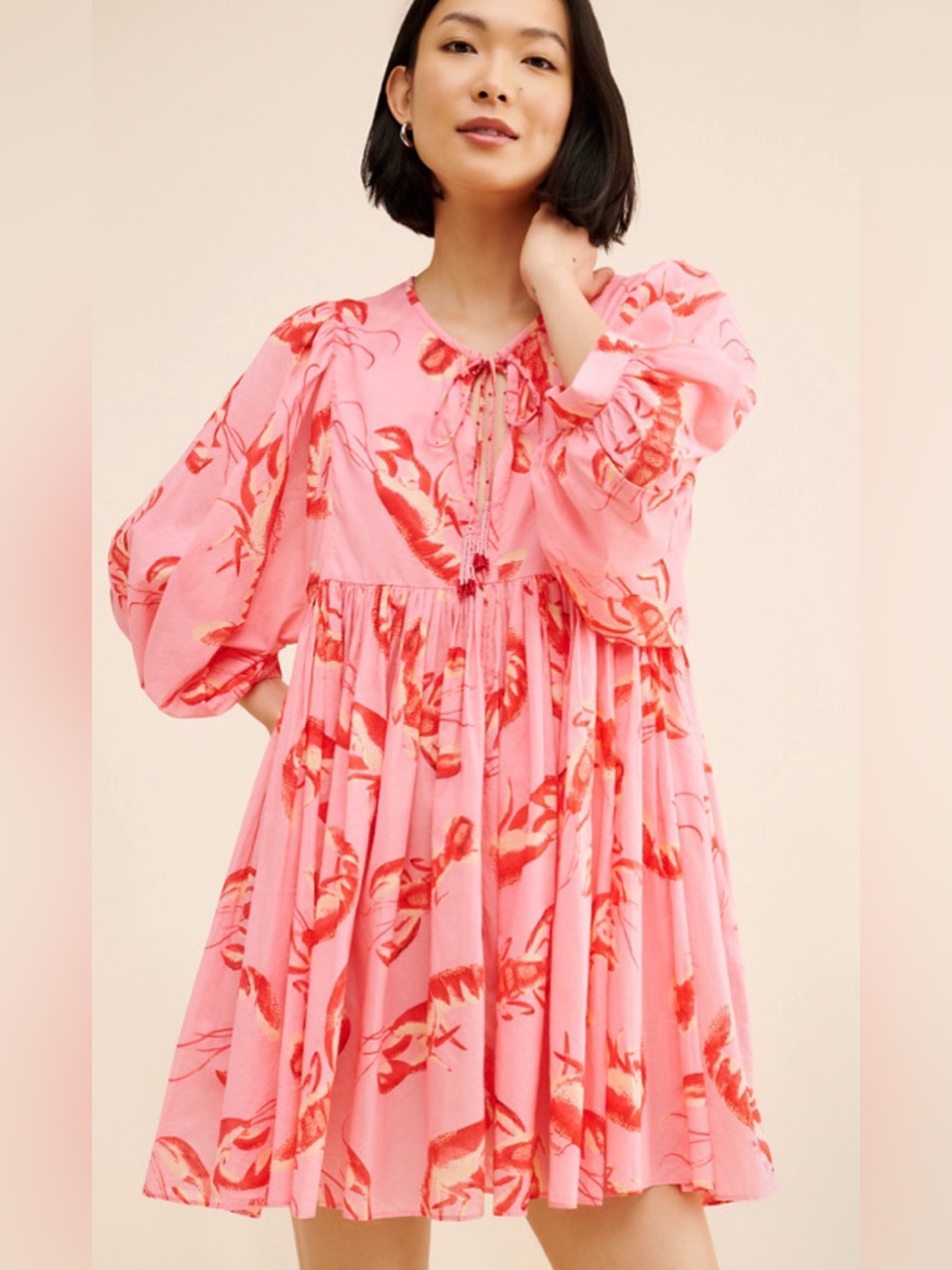 Farm Rio Lobster Print Puff-Sleeve Mini Dress - Size Medium